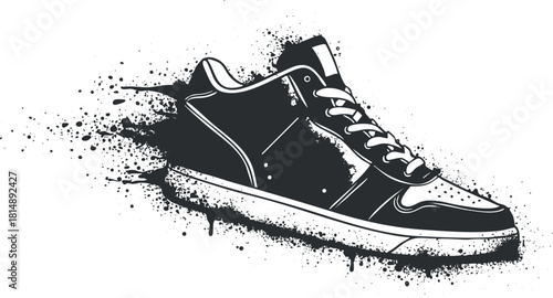 Stylish black and white vector illustration of a sneaker with dynamic splashes for fashion and design projects