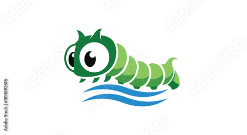 Cute green caterpillar over two blue waves