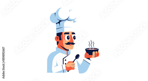Cartoon chef holding a bowl of steaming soup and a spoon