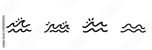 Ocean Waves Line Icon Set In Doodle Style. Sea, Surf, And Water Movement Outline Sketch Collection. Nautical And Marine Theme. Hand Drawn Isolated Vector Illustration