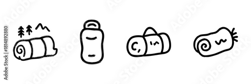 Camping Gear Line Icon Set In Doodle Style. Outdoor Adventure Equipment And Travel Essentials Outline Sketch Collection. Hand Drawn Isolated Vector Illustration