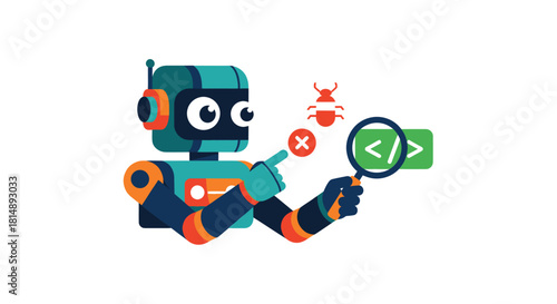 Cartoon robot debugging code with a magnifying glass, pointing to a bug