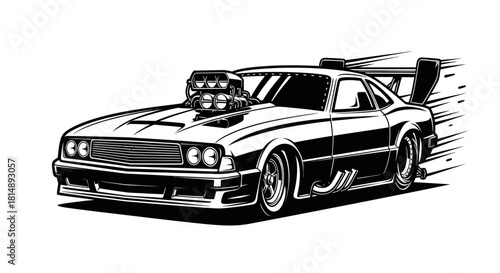 Powerful black and white muscle car speeding down the road with a large engine.