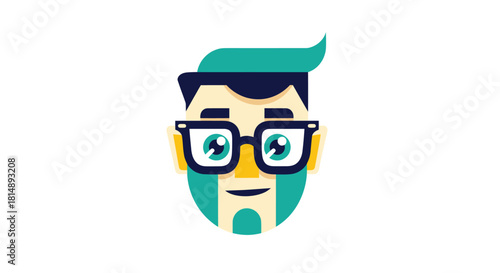 Graphic flat illustration of a face with teal hair and glasses