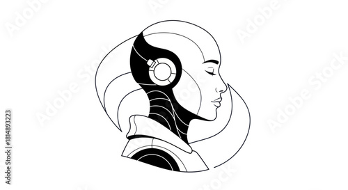 Futuristic cyborg portrait with closed eyes and advanced technology design.