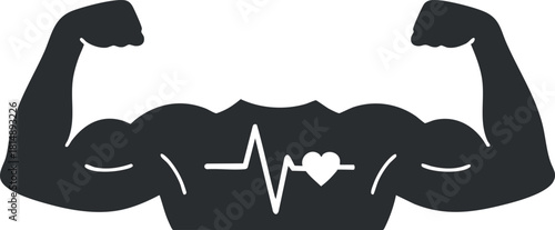 Minimalist black and white vector illustration of muscular arms with a heartbeat symbol for fitness and health concepts