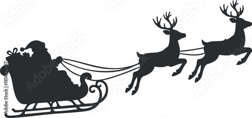 Silhouette vector illustration of Santa Claus in a sleigh being pulled by reindeer, perfect for Christmas designs and festive decorations