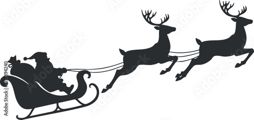 Silhouette vector illustration of Santa Claus in a sleigh pulled by reindeer, perfect for Christmas and holiday-themed designs