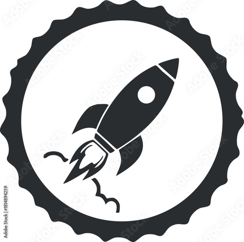 Modern black and white vector illustration of a rocket icon within a circular badge design for technology and innovation themes