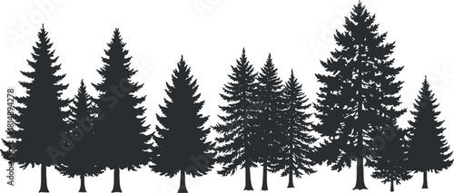 Stylized silhouette vector illustration of various coniferous trees ideal for nature-themed design projects