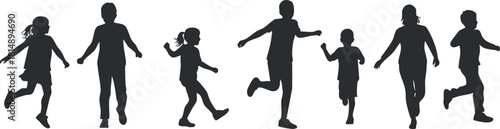 Silhouette vector illustration depicting children running in various playful poses, ideal for educational and recreational design projects.