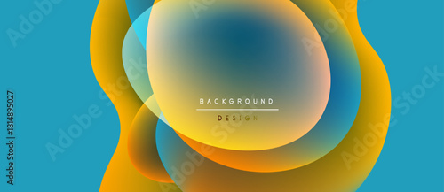 Abstract fluid shapes overlap, creating vibrant color gradients. Blue, orange, yellow hues dominate design. Minimalist text present.