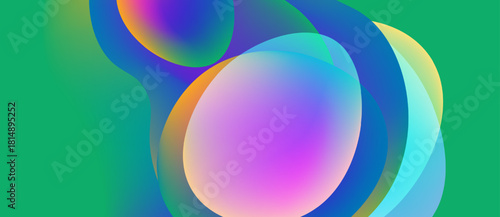 Abstract colorful shapes overlap, creating vibrant gradients. Smooth transitions suggest fluidity, modern design aesthetic.