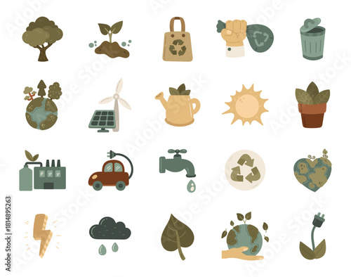 Eco set in scandinavian style presenting various environmental symbols supporting responsible habits for preserving nature through recognizable icons, protection awareness and values