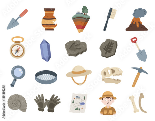 Geology set in scandinavian style, trowel, pottery, vessel, layer, stratigraphy, brush, volcano, compass, crystal, footprint, fossil, leaf, shovel, sieve, helmet