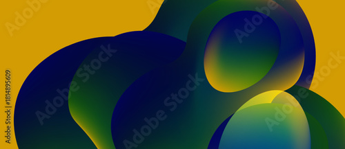 Abstract fluid shapes blend, creating vibrant color gradients. Yellow background contrasts with blues, greens, smooth transitions dominate composition.
