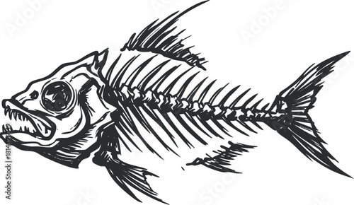Hand-drawn vector illustration of a fish skeleton in a detailed and artistic style ideal for educational and culinary projects