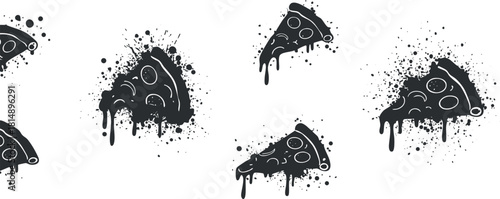 Stylish black vector icon set featuring pizza slices with playful splash designs, ideal for food branding and graphic projects