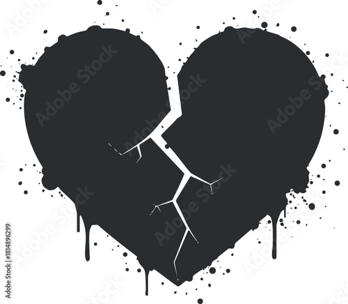Stylized black and white vector illustration of a broken heart with a grunge splatter effect, ideal for emotional design projects.