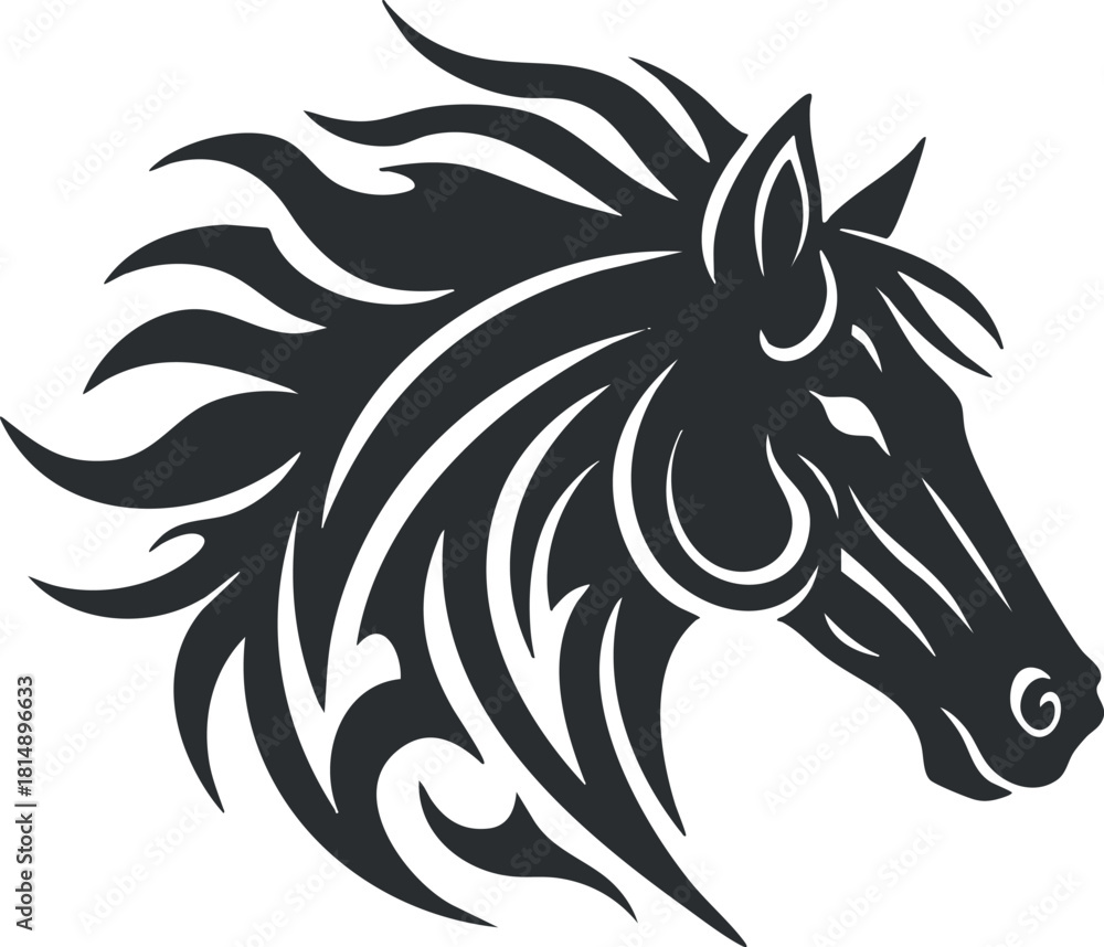 Obraz premium Stylized black and white vector illustration of a horse head with flowing mane, perfect for logo and branding projects.