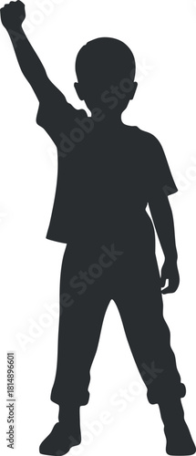 Silhouette vector illustration of a boy with raised hand expressing victory and empowerment in a minimalist style