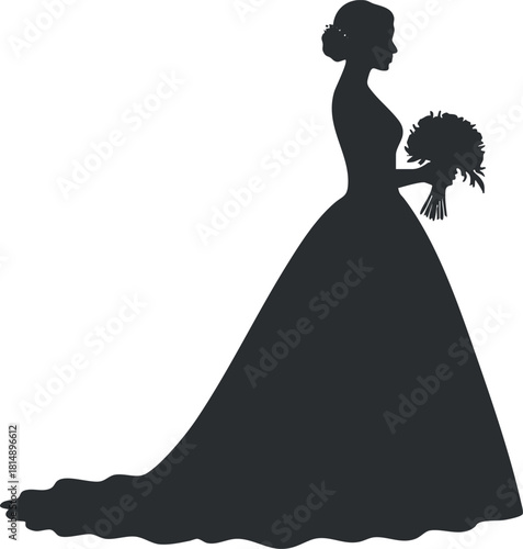 Elegant black silhouette vector illustration of a bride holding a bouquet, perfect for wedding-related designs and graphics