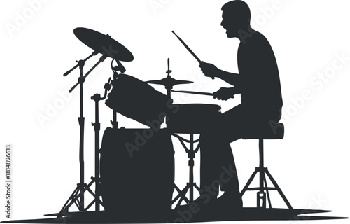 Silhouette vector illustration of a drummer playing on a drum set, ideal for music-themed design projects.