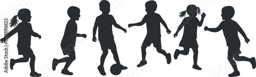 Dynamic silhouette vector illustration of children playing, running, and engaging in sports activities for various design projects.