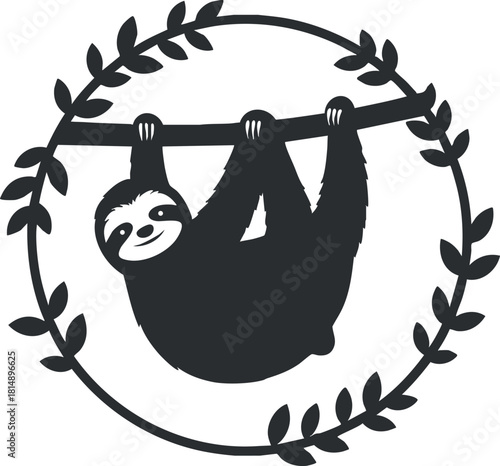 Cute black and white vector illustration of a sloth hanging from a branch within a circular leaf frame, ideal for eco-themed projects