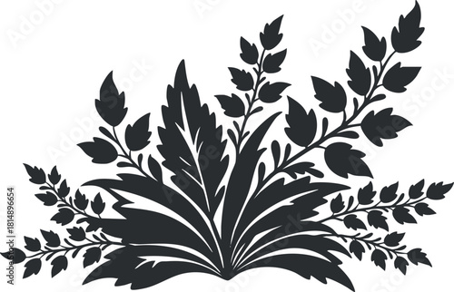 Elegant black silhouette vector illustration of decorative floral arrangement featuring leaves and branches for design projects