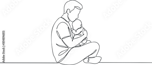 Minimalist line art illustration of a father holding his baby, representing love and parenting in a modern style