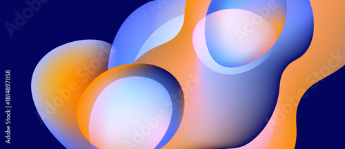 Abstract shapes overlap, creating vibrant gradients. Blues, oranges, whites blend seamlessly. Modern design, smooth curves dominate composition.