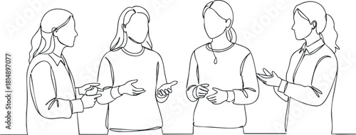 Outline vector illustration of four women engaged in a conversation, perfect for teamwork and communication themes