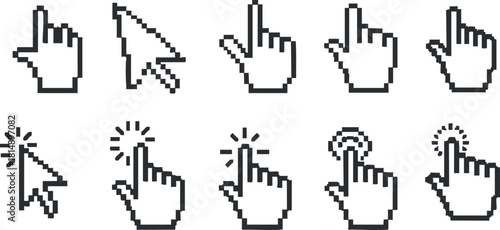 Set of pixel-style vector icons showcasing various hand gestures and cursor designs for user interaction and digital interfaces