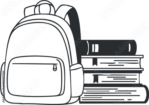 Minimalist black and white vector illustration of a backpack beside a stack of books, ideal for educational and school-related designs