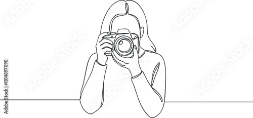 Minimalist line art illustration of a woman holding a camera, perfect for photography and creative design projects