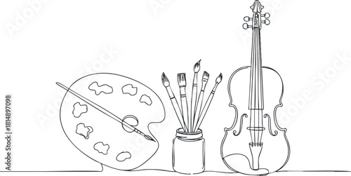line art violin, palette, brushes, minimalist style clip art preview
