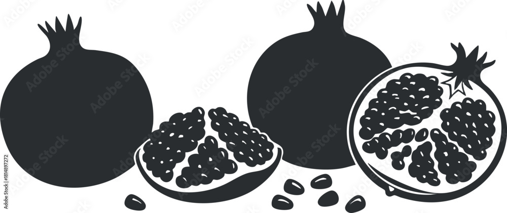 Fototapeta premium Minimalist black and white vector illustration of pomegranates showcasing whole fruits and seeds, ideal for health and food design projects