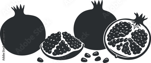 Minimalist black and white vector illustration of pomegranates showcasing whole fruits and seeds, ideal for health and food design projects