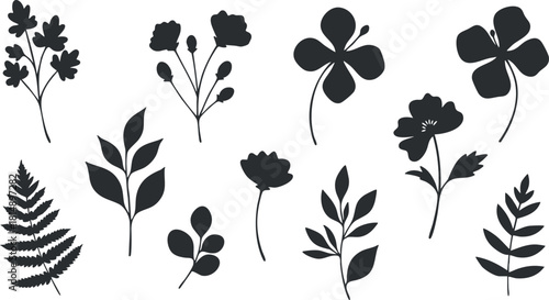 Elegant silhouette vector illustration of various floral and leaf designs for botanical themes and creative projects