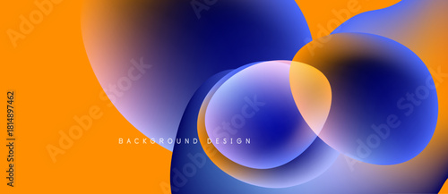 Abstract design features overlapping circles, vibrant orange, blue, purple hues. Modern aesthetic, smooth gradients create dynamic visual impact.