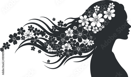 Elegant silhouette vector illustration of a woman with flowing hair adorned with flowers, perfect for beauty and nature themes