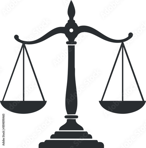 Minimalist black and white vector illustration of a balanced scale symbolizing justice and equality for legal concepts.