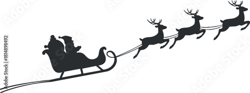 Silhouette vector illustration of Santa Claus in a sleigh being pulled by reindeer, perfect for holiday designs and decorations