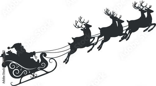 Silhouette vector illustration of Santa Claus in a sleigh pulled by reindeer, perfect for Christmas-themed designs and decorations