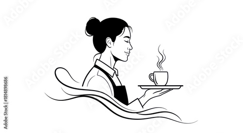 Woman holding coffee cup on tray focused and attentive serving beverage.