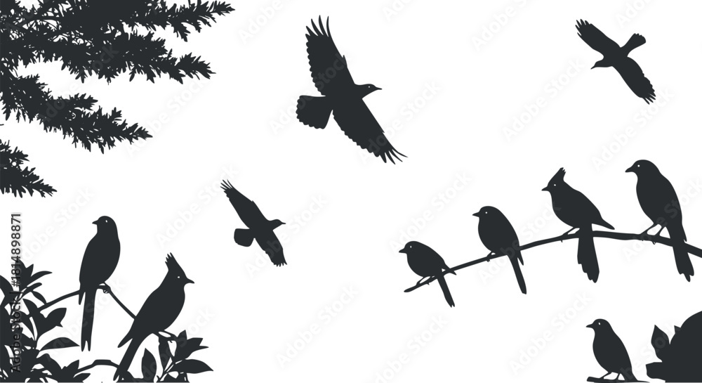 Fototapeta premium Elegant silhouette vector illustration of various birds in flight and perched on branches, ideal for nature-themed design projects