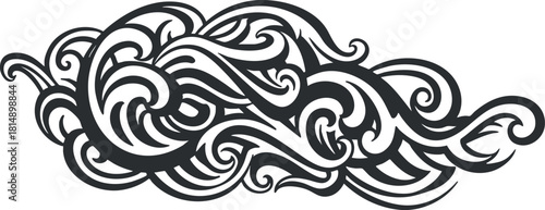Ornate black and white vector illustration of flowing waves, ideal for decorative designs and artistic projects.