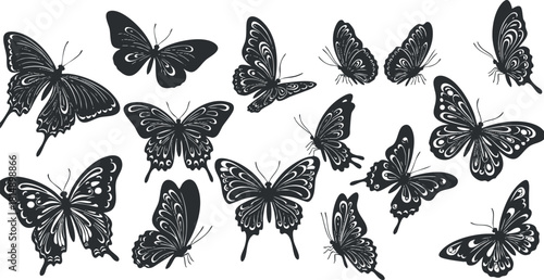 Elegant collection of black and white vector illustrations of various butterfly species for decorative and artistic purposes