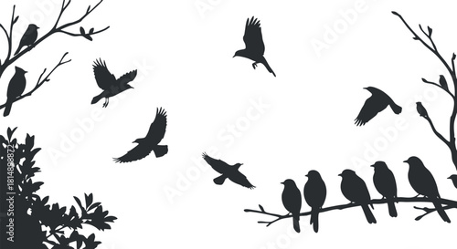 Stylized black and white vector illustration of birds in flight and perched on branches, perfect for nature-themed designs